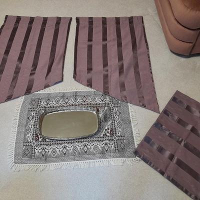 Vintage Obling Gold Filigree Mirrored Vanity Tray with Purple stripe Curtains and Valance