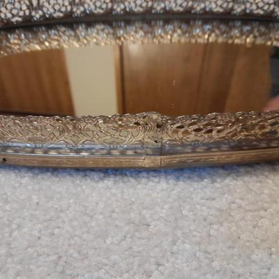 Vintage Obling Gold Filigree Mirrored Vanity Tray with Purple stripe Curtains and Valance
