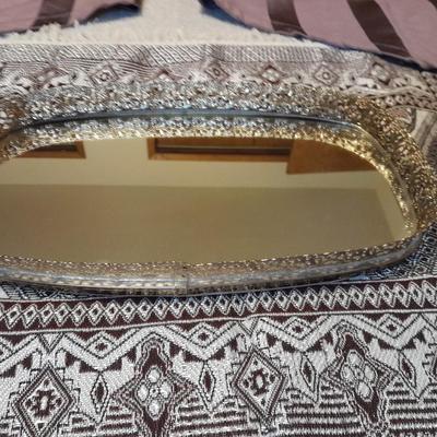 Vintage Obling Gold Filigree Mirrored Vanity Tray with Purple stripe Curtains and Valance