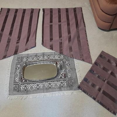 Vintage Obling Gold Filigree Mirrored Vanity Tray with Purple stripe Curtains and Valance