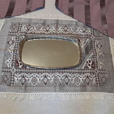Vintage Obling Gold Filigree Mirrored Vanity Tray with Purple stripe Curtains and Valance