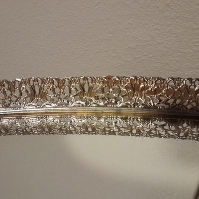 Vintage Obling Gold Filigree Mirrored Vanity Tray with Purple stripe Curtains and Valance