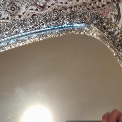 Vintage Obling Gold Filigree Mirrored Vanity Tray with Purple stripe Curtains and Valance