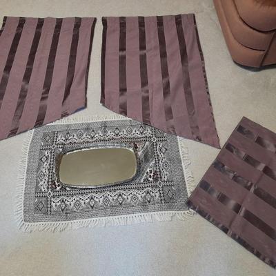 Vintage Obling Gold Filigree Mirrored Vanity Tray with Purple stripe Curtains and Valance