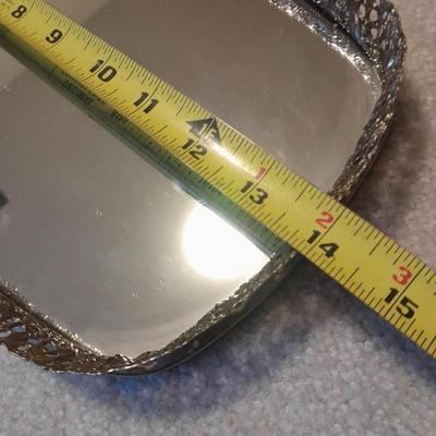 Vintage Obling Gold Filigree Mirrored Vanity Tray with Purple stripe Curtains and Valance