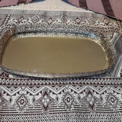 Vintage Obling Gold Filigree Mirrored Vanity Tray with Purple stripe Curtains and Valance