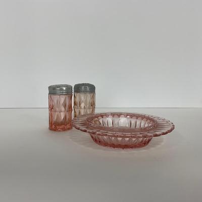 -189- GLASSWARE | Pink Windsor Diamond Jeanette Glass Co. | Butter Dish Bottom, Salt & Pepper Shakers