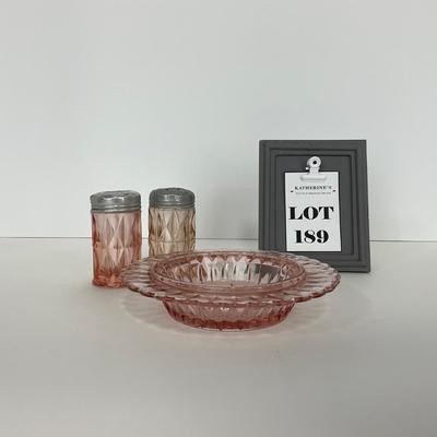-189- GLASSWARE | Pink Windsor Diamond Jeanette Glass Co. | Butter Dish Bottom, Salt & Pepper Shakers
