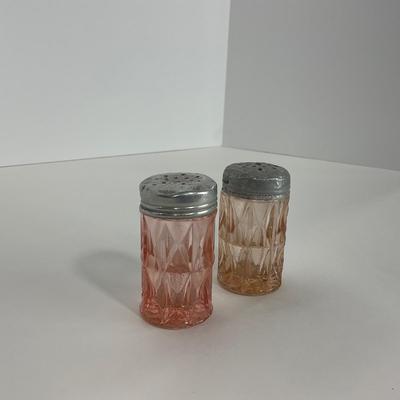 -189- GLASSWARE | Pink Windsor Diamond Jeanette Glass Co. | Butter Dish Bottom, Salt & Pepper Shakers