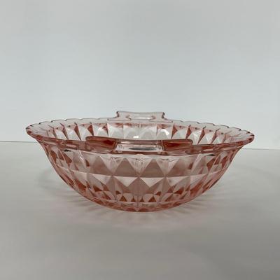 -190- GLASSWARE | Pink Windsor Diamond Jeanette Glass Co. | Handled Bowl