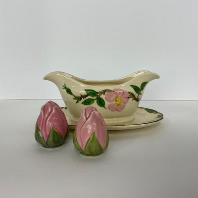 -194- DISHES | Franciscan Desert Rose | Gravy Dish, Salt & Pepper Shakers