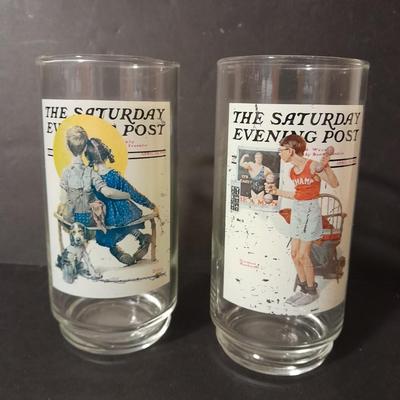 Pair of The Saturday Evening Post drinking glasses "The Spooner" and "The Champ" > basement storage room