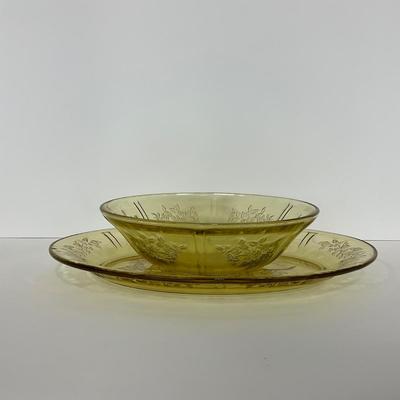 -197- GLASSWARE | Yellow Sharon Cabbage Rose Federal Glass Co. | Bowl & Platter
