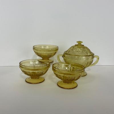 -198- GLASSWARE | Yellow Sharon Cabbage Rose Federal Glass Co. | Sherbets & Lidded Sugar