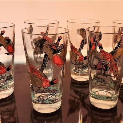 Lot #124  Lot of 6 MidCentury Modern Bar Glasses - Pheasant motif