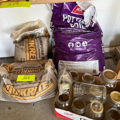 Potting soil, concrete mix & canning jars
