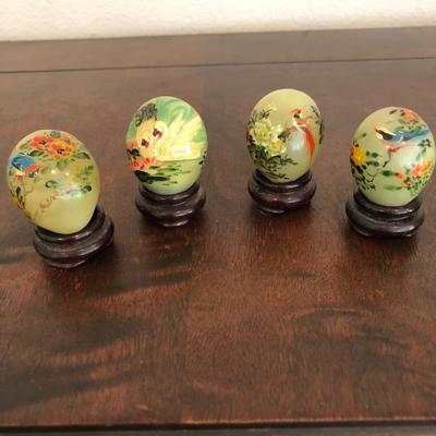 Vintage set of (4) jade stone hand painted eggs