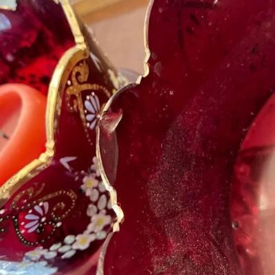 Two Vintage Red Glass And Crystal Candle Holders