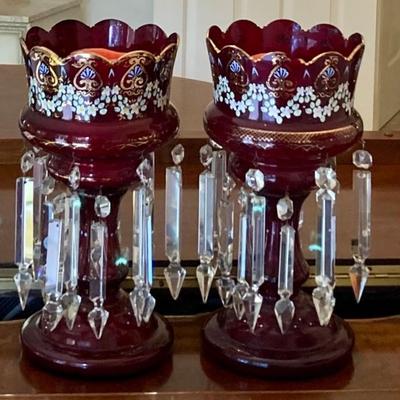 Two Vintage Red Glass And Crystal Candle Holders