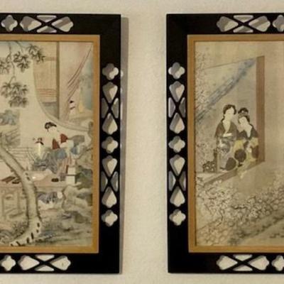 Two Framed Asian Paintings On Glass