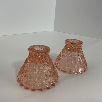 -207- GLASSWARE | Pink Holiday Buttons & Bows Jeanette Glass Co. | Candlesticks