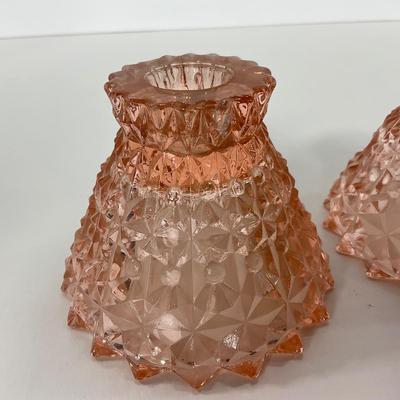 -207- GLASSWARE | Pink Holiday Buttons & Bows Jeanette Glass Co. | Candlesticks