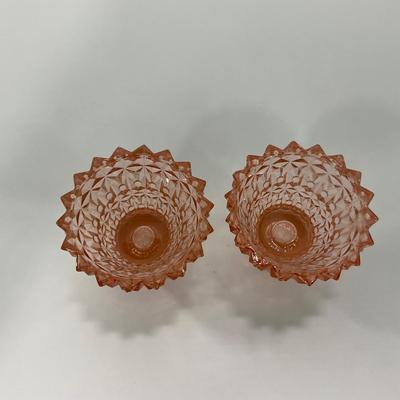 -207- GLASSWARE | Pink Holiday Buttons & Bows Jeanette Glass Co. | Candlesticks