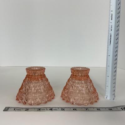 -207- GLASSWARE | Pink Holiday Buttons & Bows Jeanette Glass Co. | Candlesticks