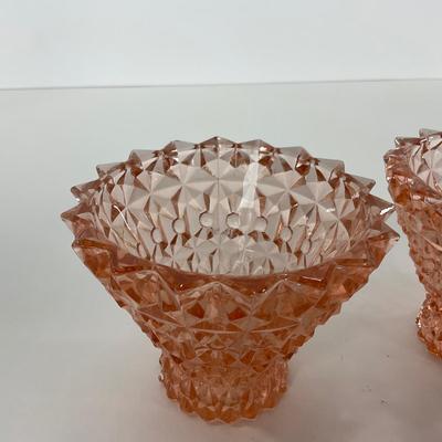 -207- GLASSWARE | Pink Holiday Buttons & Bows Jeanette Glass Co. | Candlesticks