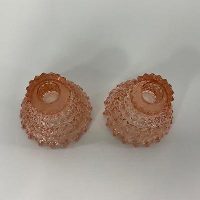 -207- GLASSWARE | Pink Holiday Buttons & Bows Jeanette Glass Co. | Candlesticks