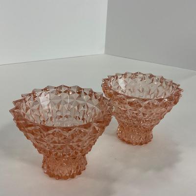 -207- GLASSWARE | Pink Holiday Buttons & Bows Jeanette Glass Co. | Candlesticks
