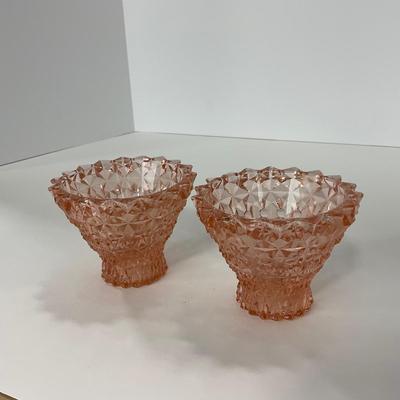 -207- GLASSWARE | Pink Holiday Buttons & Bows Jeanette Glass Co. | Candlesticks