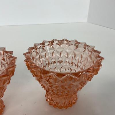 -207- GLASSWARE | Pink Holiday Buttons & Bows Jeanette Glass Co. | Candlesticks