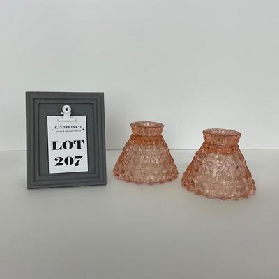 -207- GLASSWARE | Pink Holiday Buttons & Bows Jeanette Glass Co. | Candlesticks