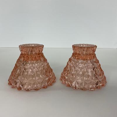-207- GLASSWARE | Pink Holiday Buttons & Bows Jeanette Glass Co. | Candlesticks