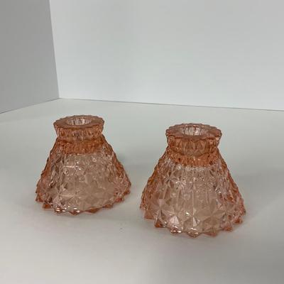 -207- GLASSWARE | Pink Holiday Buttons & Bows Jeanette Glass Co. | Candlesticks