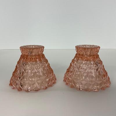 -207- GLASSWARE | Pink Holiday Buttons & Bows Jeanette Glass Co. | Candlesticks