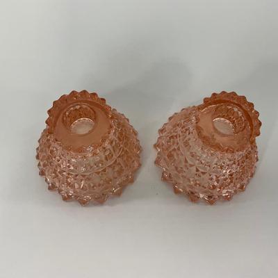 -207- GLASSWARE | Pink Holiday Buttons & Bows Jeanette Glass Co. | Candlesticks