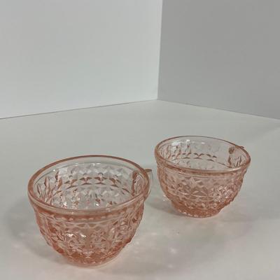 -208- GLASSWARE | Pink Holiday Buttons & Bows Jeanette Glass Co. | Cups & Saucers