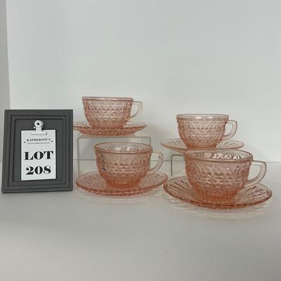 -208- GLASSWARE | Pink Holiday Buttons & Bows Jeanette Glass Co. | Cups & Saucers