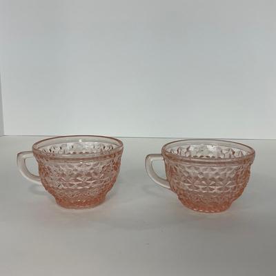 -208- GLASSWARE | Pink Holiday Buttons & Bows Jeanette Glass Co. | Cups & Saucers