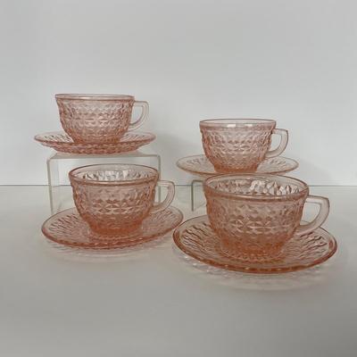 -208- GLASSWARE | Pink Holiday Buttons & Bows Jeanette Glass Co. | Cups & Saucers