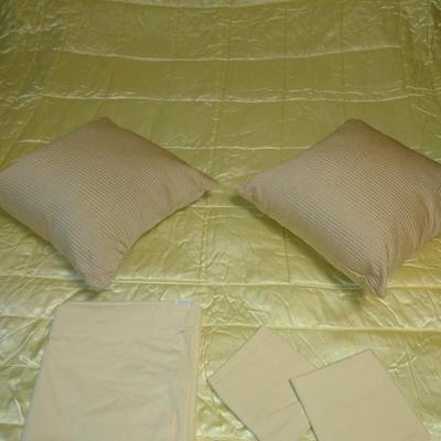 Yellow Comforter silk / satin 2 throw pillows, pillowcases and 1 flat sheet