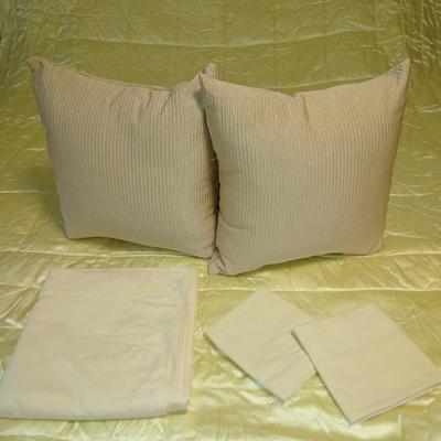 Yellow Comforter silk / satin 2 throw pillows, pillowcases and 1 flat sheet