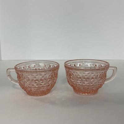 -209- GLASSWARE | Pink Holiday Buttons & Bows Jeanette Glass Co. | Cups & Saucers