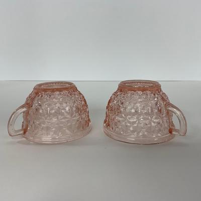 -209- GLASSWARE | Pink Holiday Buttons & Bows Jeanette Glass Co. | Cups & Saucers