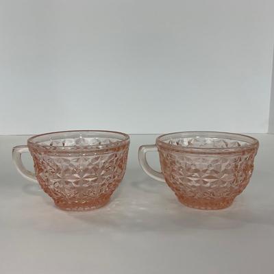 -209- GLASSWARE | Pink Holiday Buttons & Bows Jeanette Glass Co. | Cups & Saucers