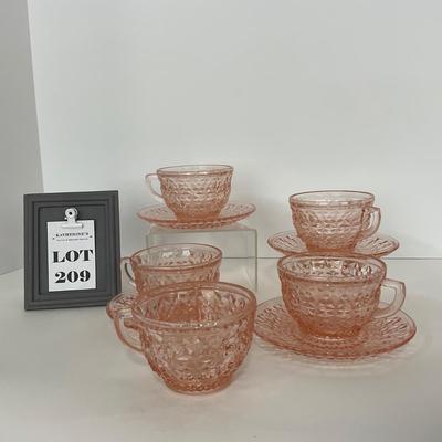 -209- GLASSWARE | Pink Holiday Buttons & Bows Jeanette Glass Co. | Cups & Saucers