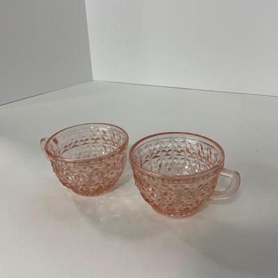 -209- GLASSWARE | Pink Holiday Buttons & Bows Jeanette Glass Co. | Cups & Saucers