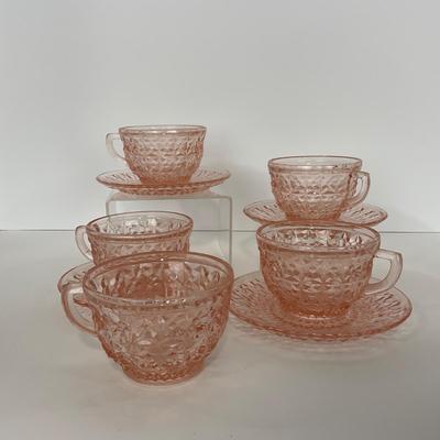 -209- GLASSWARE | Pink Holiday Buttons & Bows Jeanette Glass Co. | Cups & Saucers